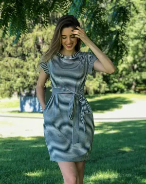 MEROKEETY Tie Waist Striped Pockets Shirt Dress