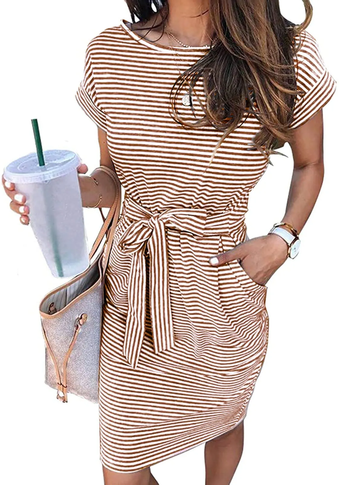MEROKEETY Tie Waist Striped Pockets Shirt Dress