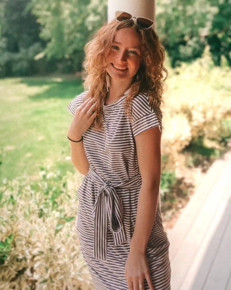 MEROKEETY Tie Waist Striped Pockets Shirt Dress