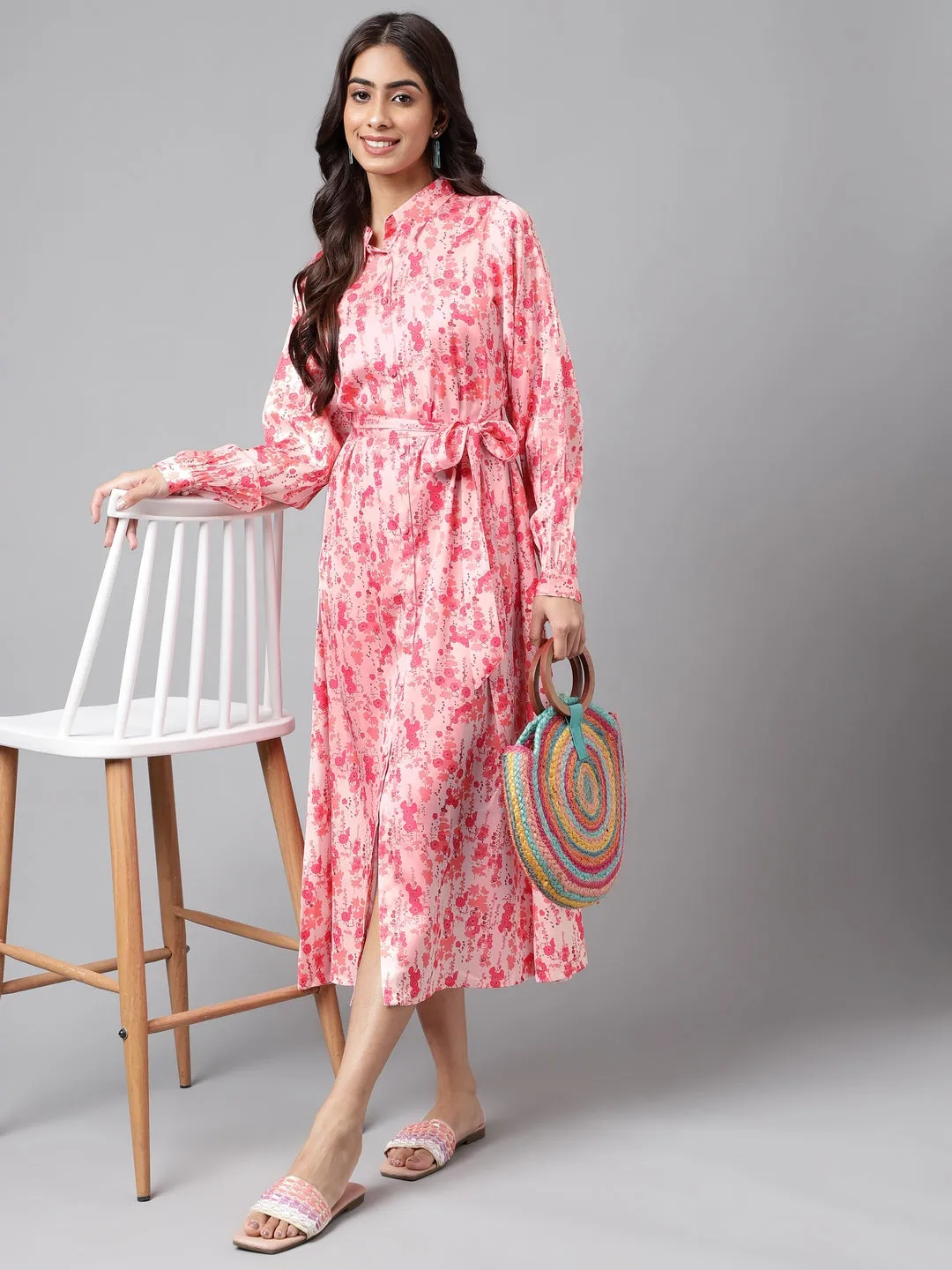Peach Satin Printed Shirt Dress with Waist Tie-Up Belt
