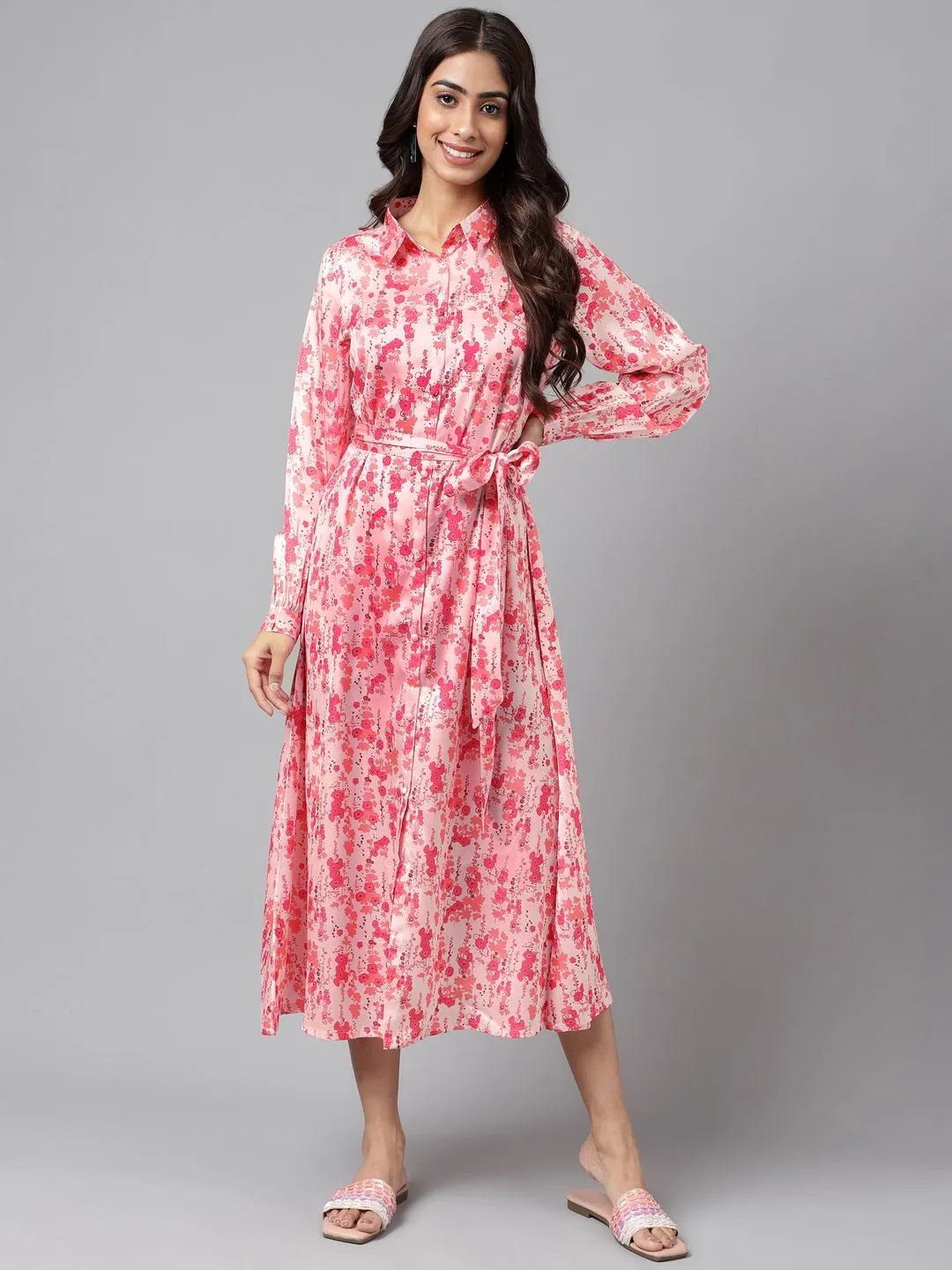 Peach Satin Printed Shirt Dress with Waist Tie-Up Belt