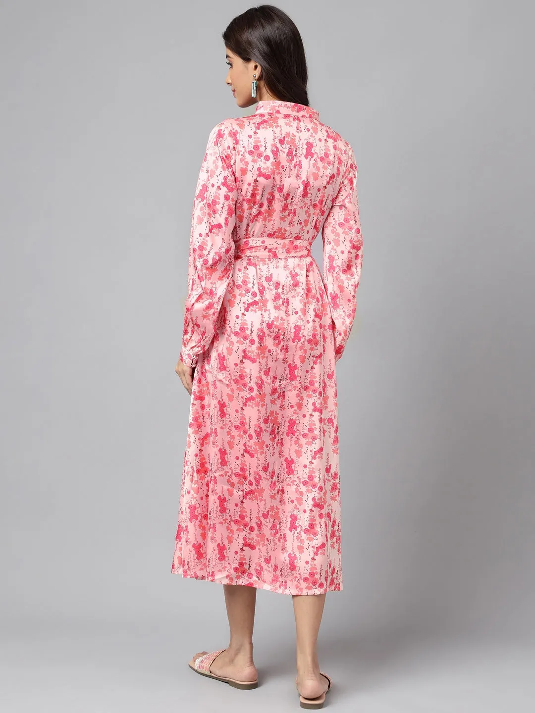 Peach Satin Printed Shirt Dress with Waist Tie-Up Belt