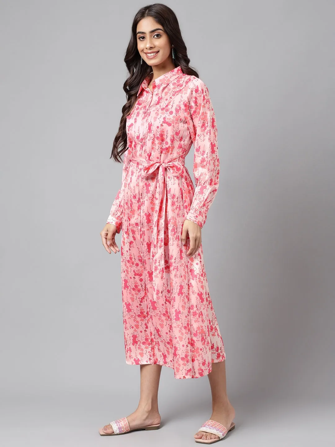 Peach Satin Printed Shirt Dress with Waist Tie-Up Belt