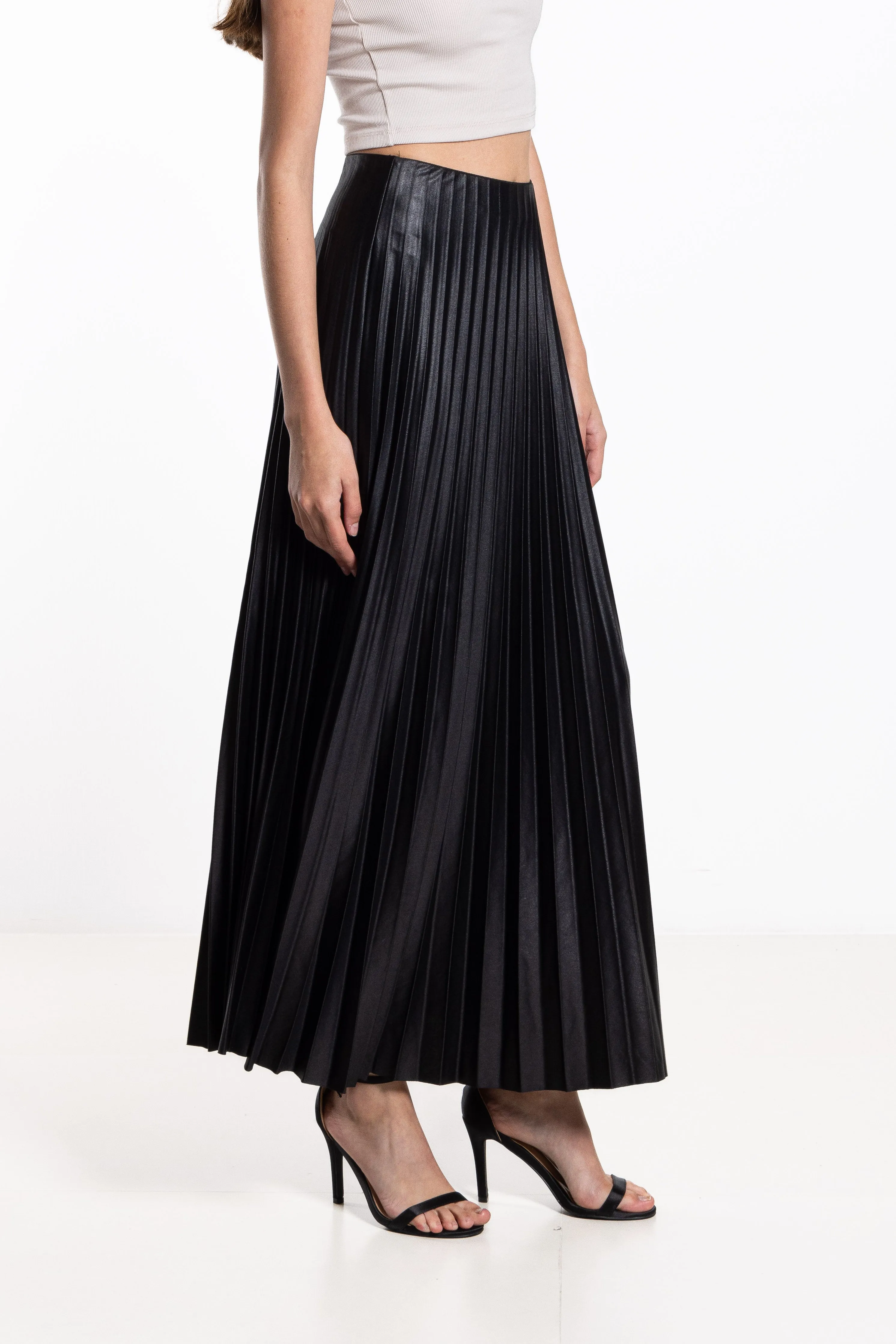 PLEATED MIDI SATIN SKIRT