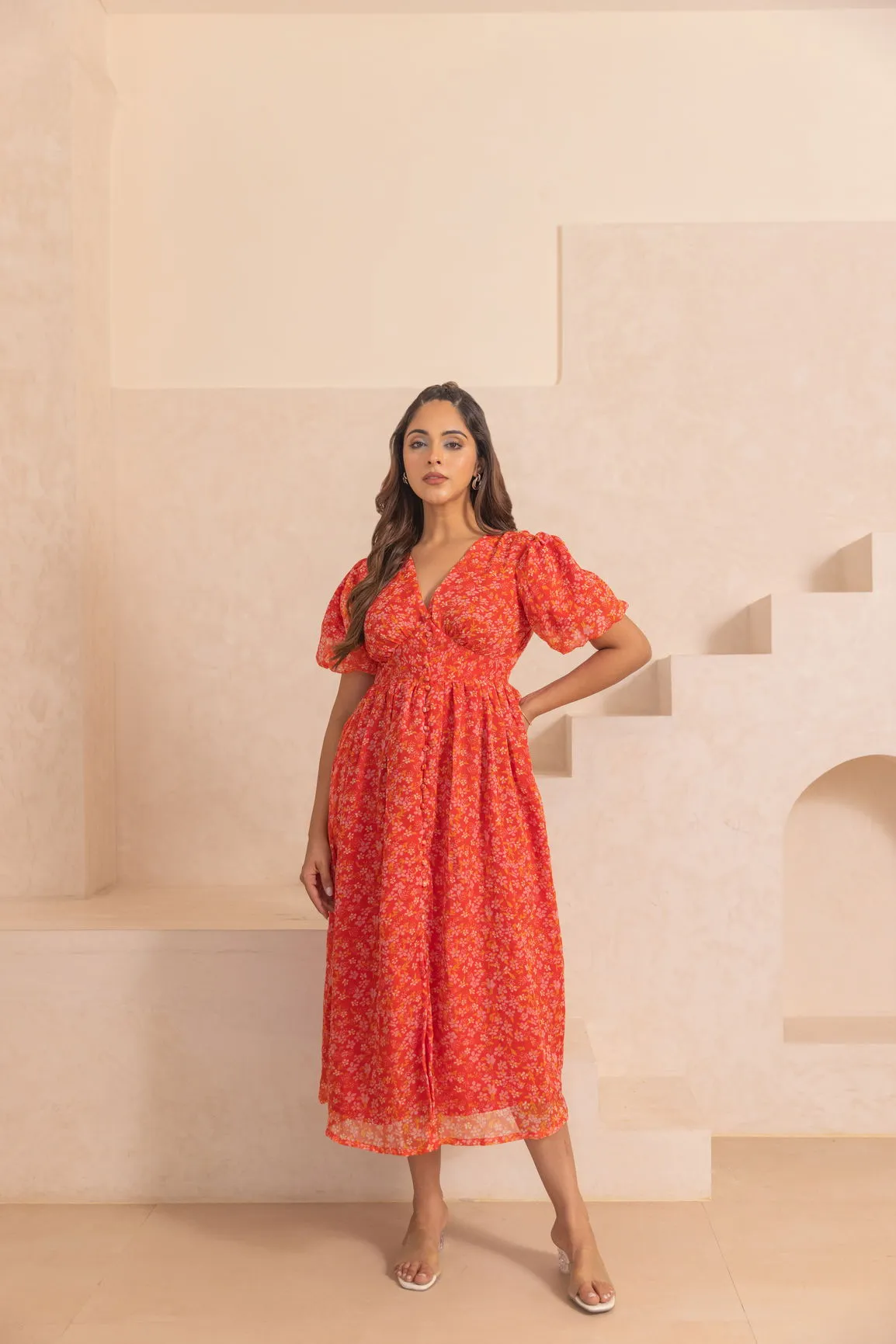 RED CHIFFON SLIT MAXI