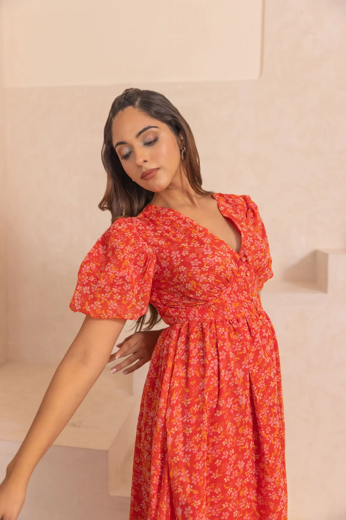 RED CHIFFON SLIT MAXI