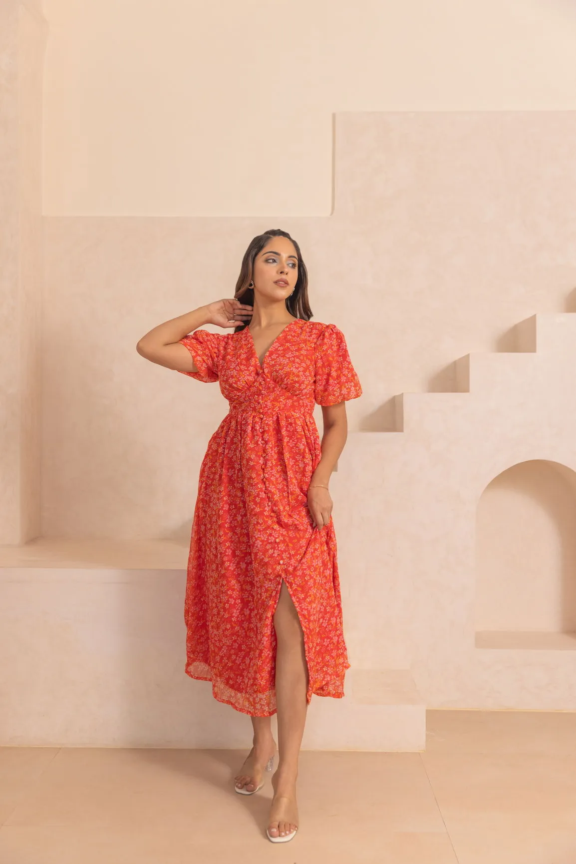 RED CHIFFON SLIT MAXI