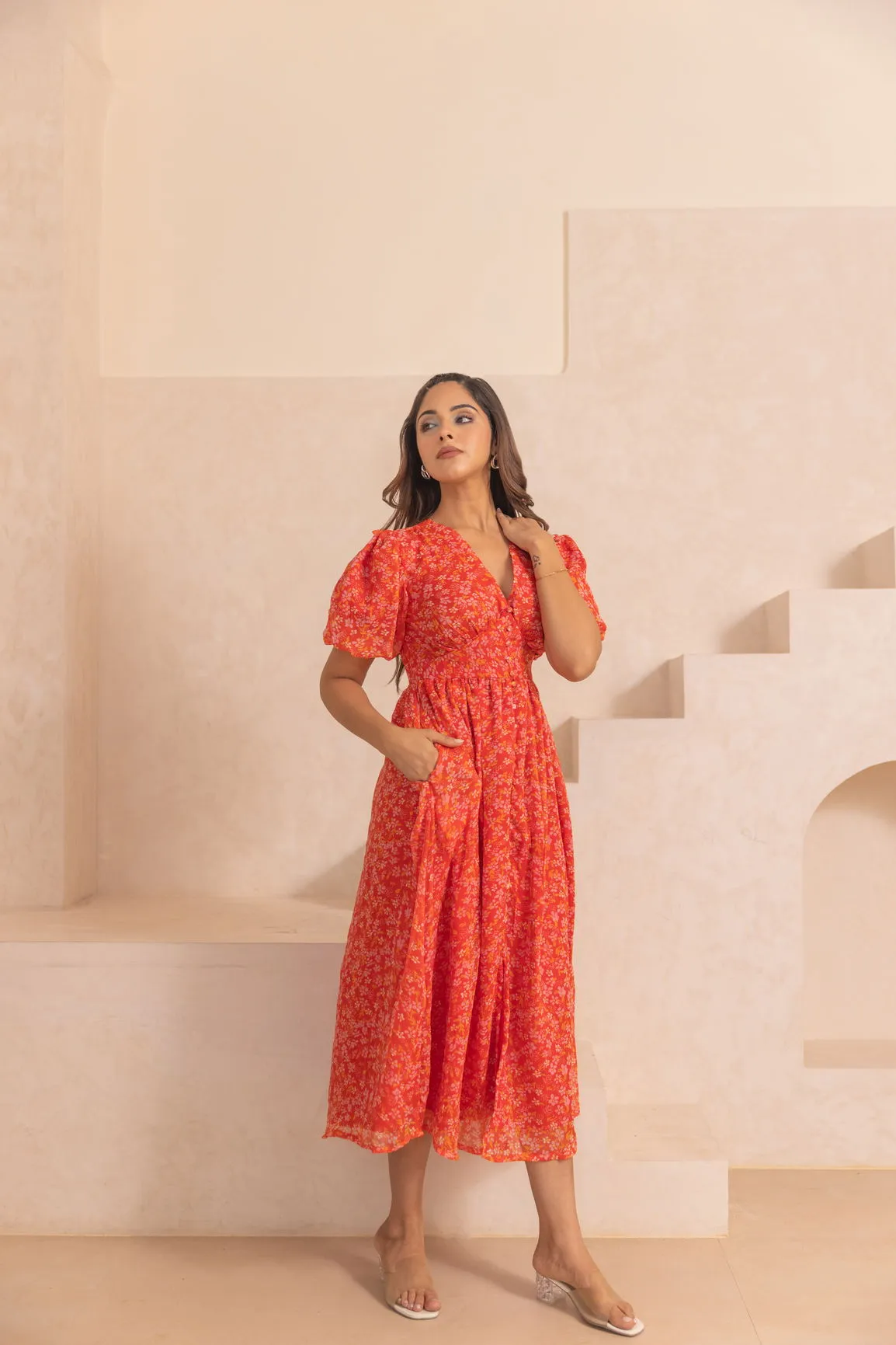 RED CHIFFON SLIT MAXI