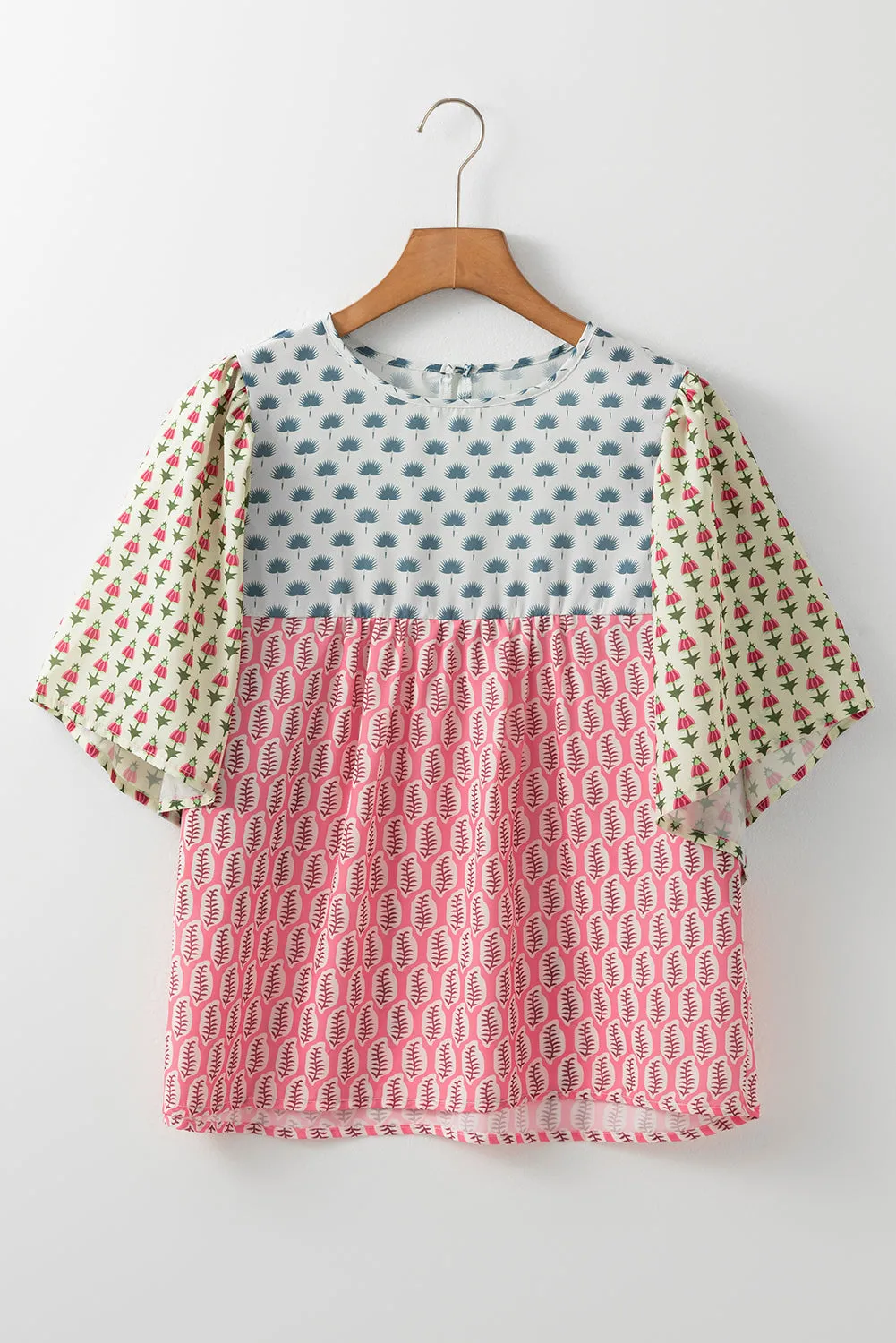 Red Colorblock Floral Flounce Sleeve Blouse