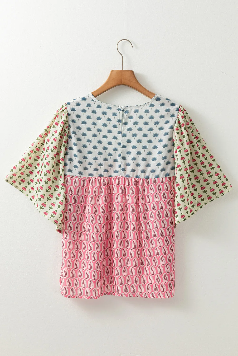 Red Colorblock Floral Flounce Sleeve Blouse