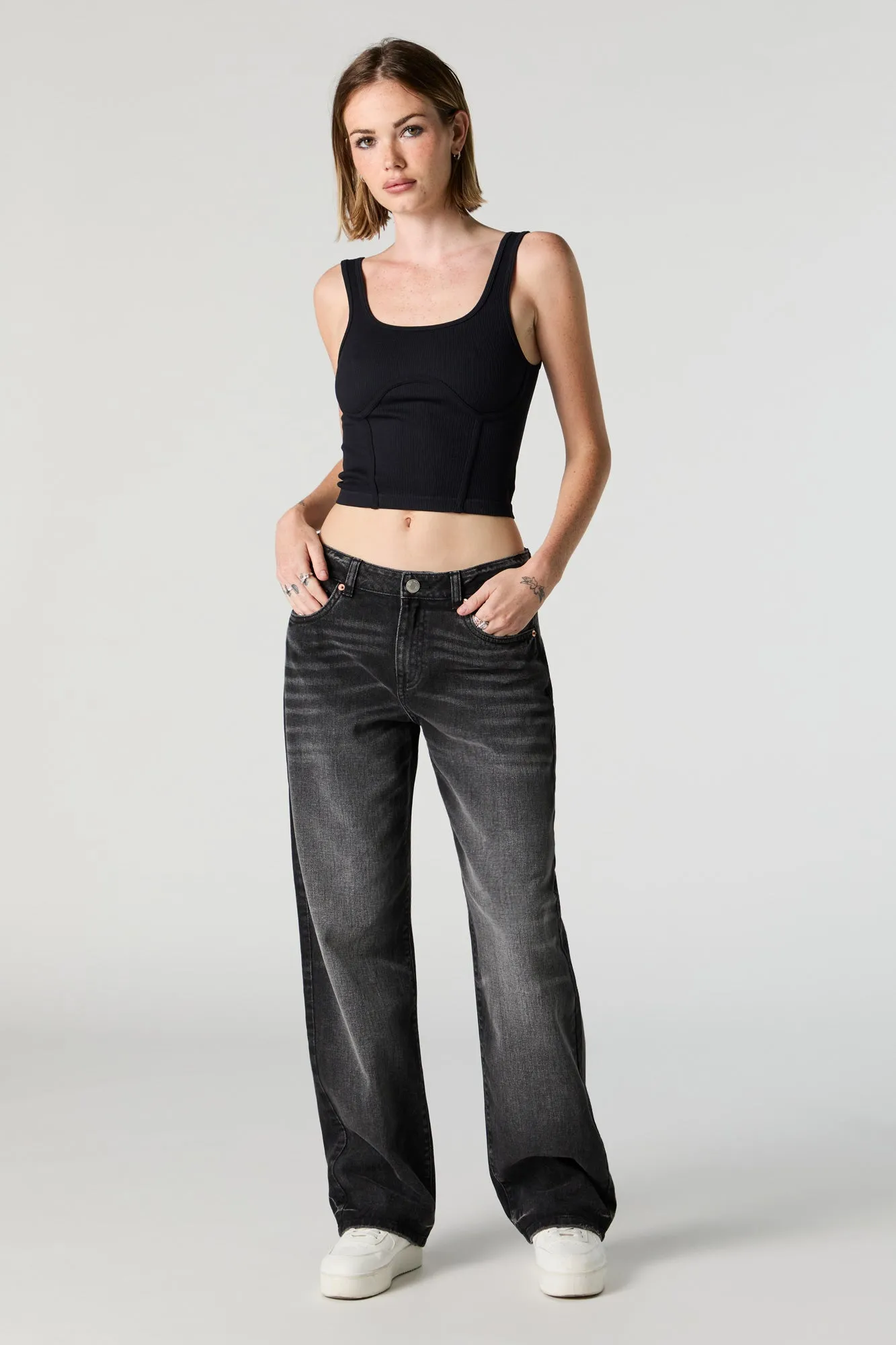 Ribbed Scoop Neck Corset Tank