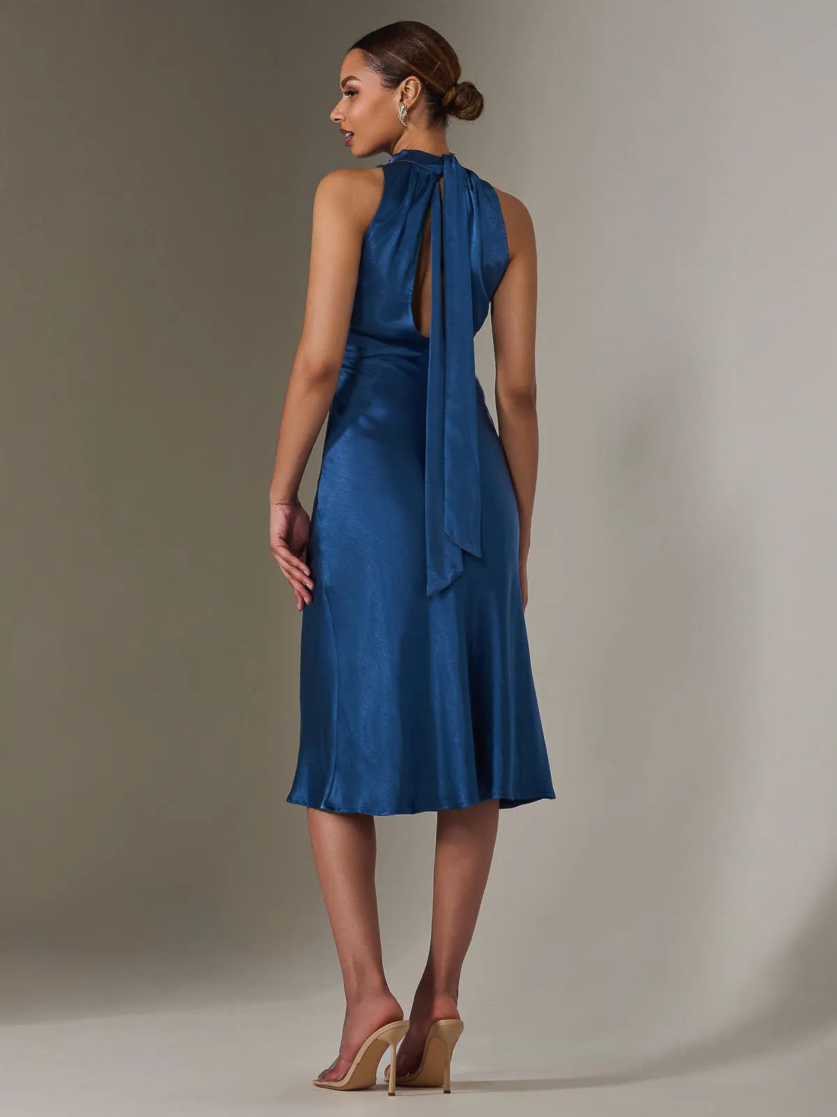 Satin Halter Neck Midi Dress, Navy