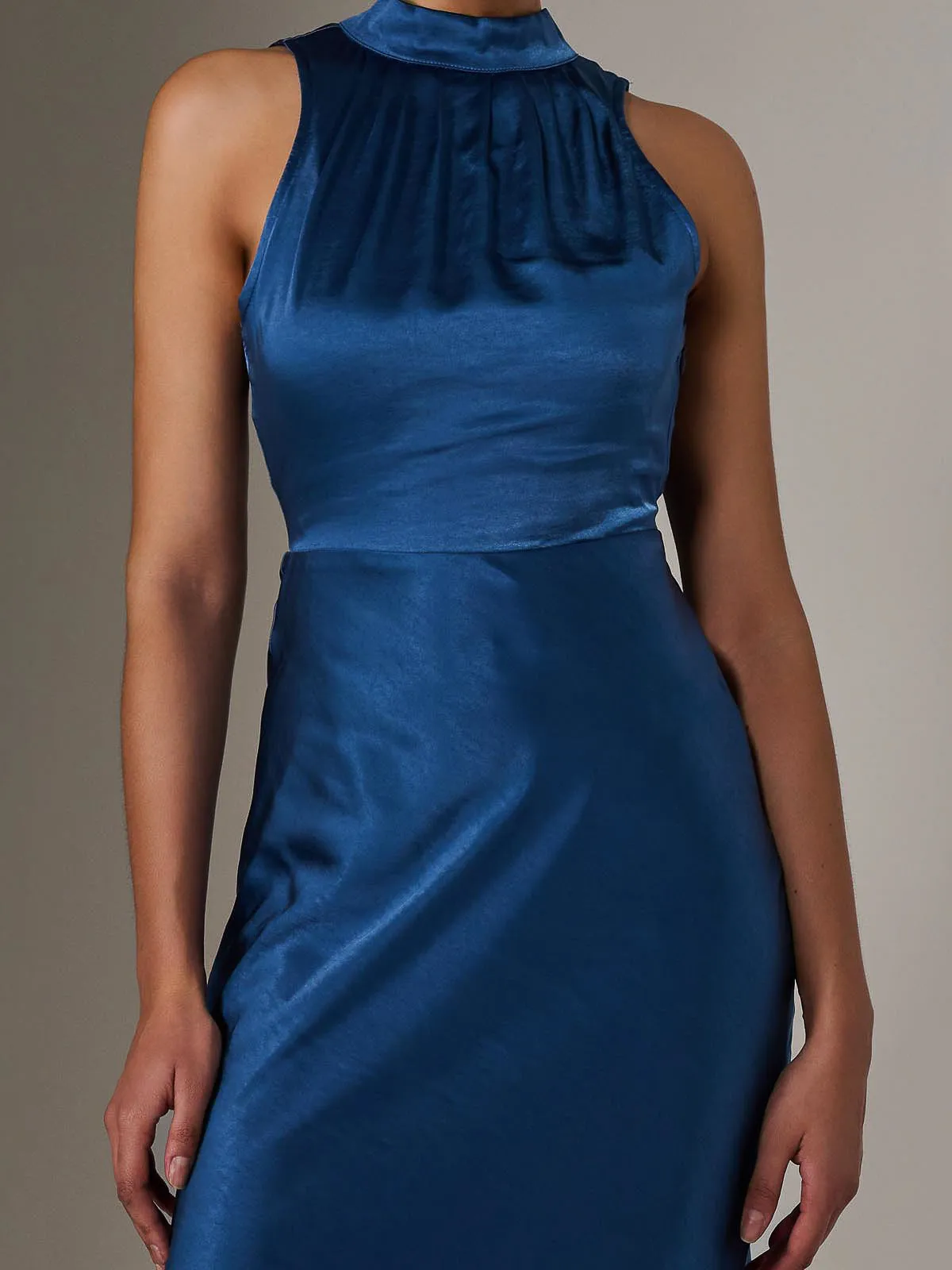 Satin Halter Neck Midi Dress, Navy