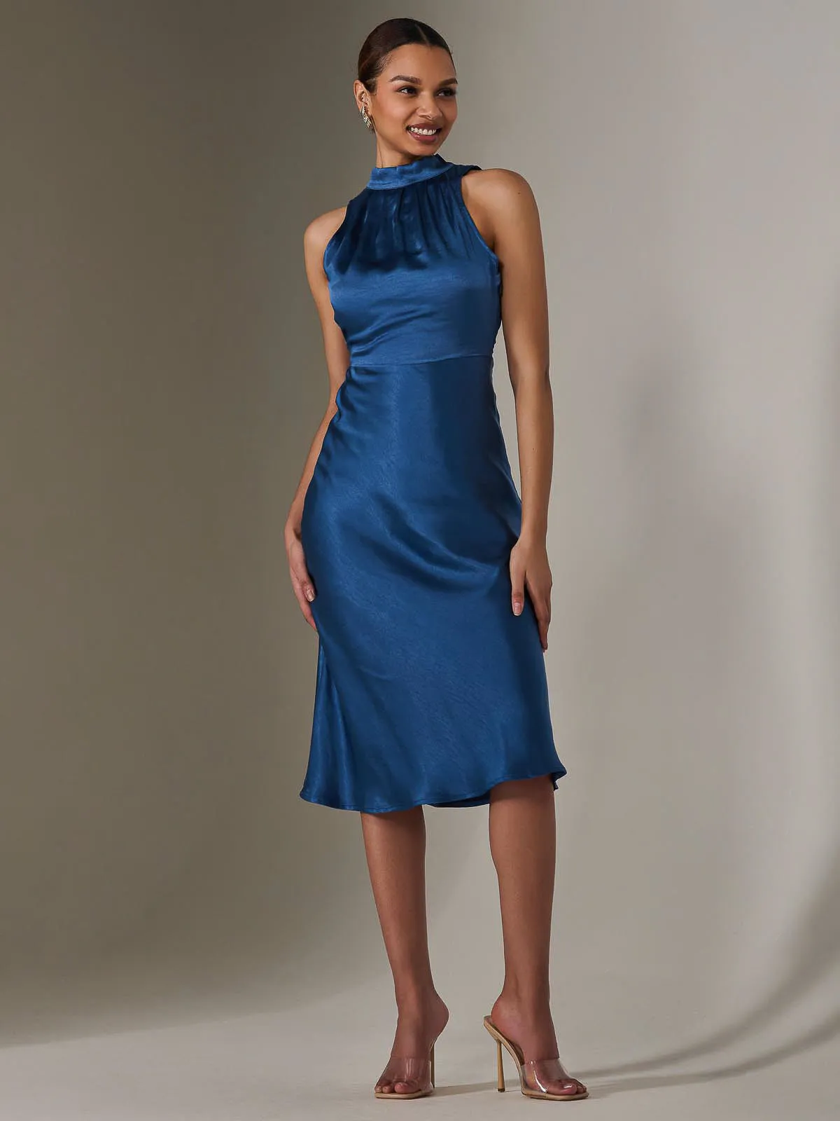 Satin Halter Neck Midi Dress, Navy
