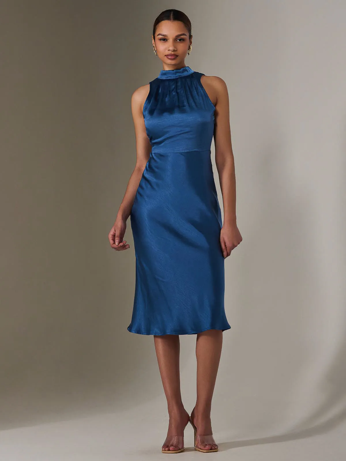 Satin Halter Neck Midi Dress, Navy