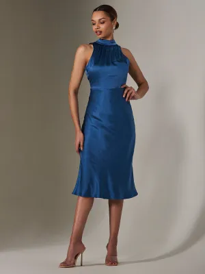 Satin Halter Neck Midi Dress, Navy