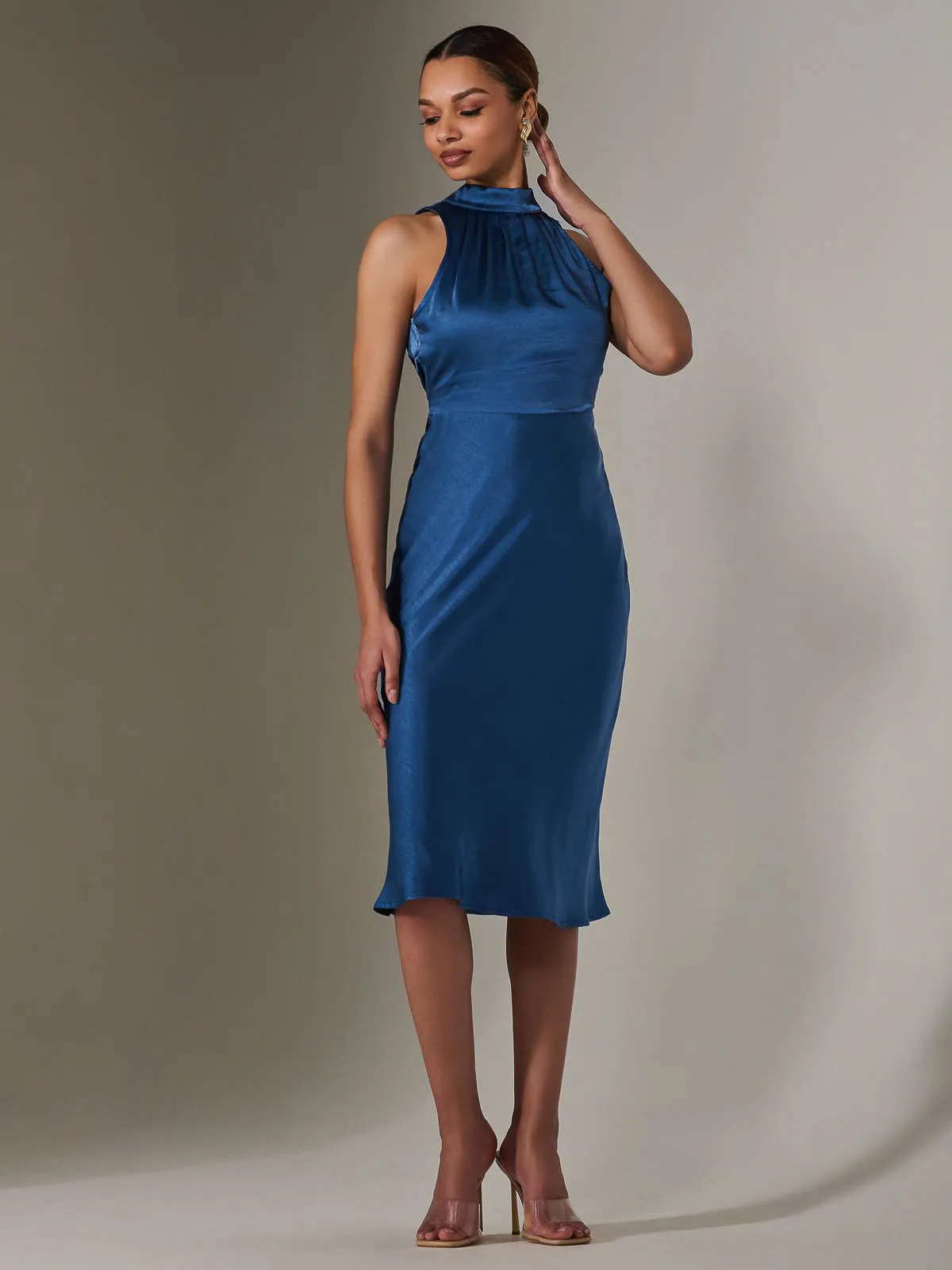 Satin Halter Neck Midi Dress, Navy