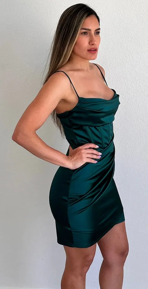 Sleek Essence Green Satin Corset Bodycon Dress