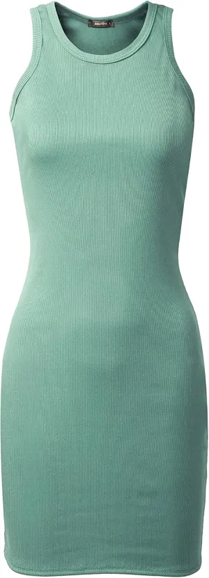 SSOULM Women's Ribbed Scoop Neck Sleeveless Tank Fitted Bodycon Short Dresses