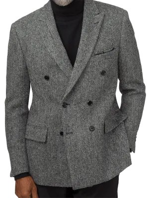 Tailored Fit Harris Tweed Double Breasted Peak Lapel Sport Coat - Black/white