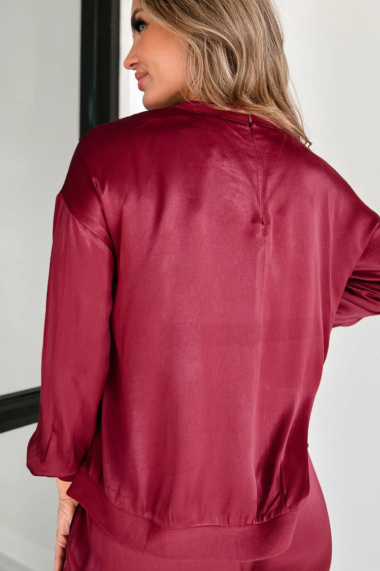 Taking What's Owed Satin Long Sleeve Top (Maroon)