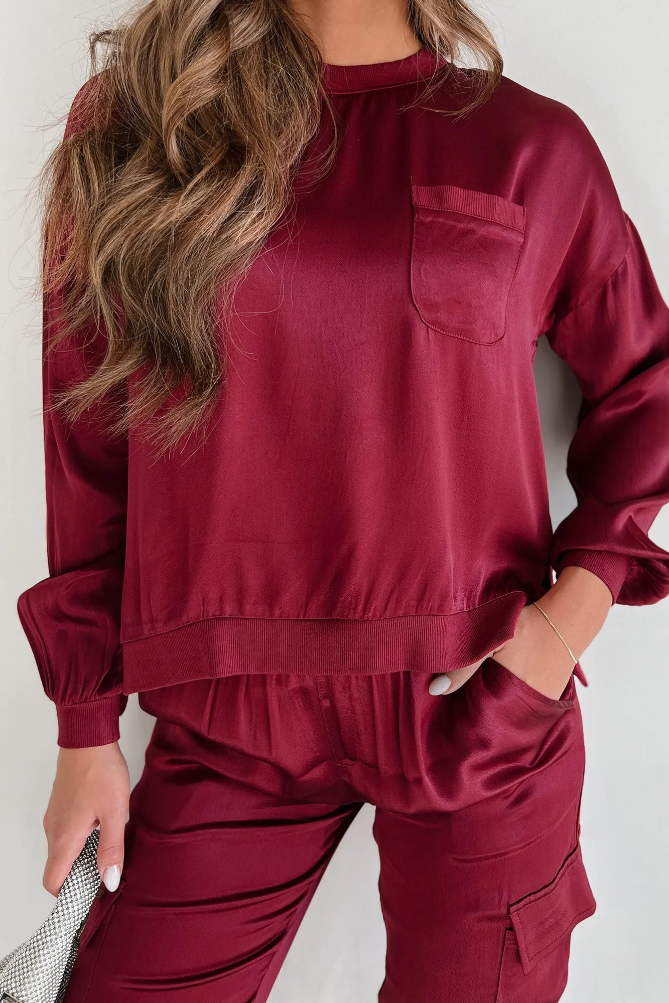 Taking What's Owed Satin Long Sleeve Top (Maroon)