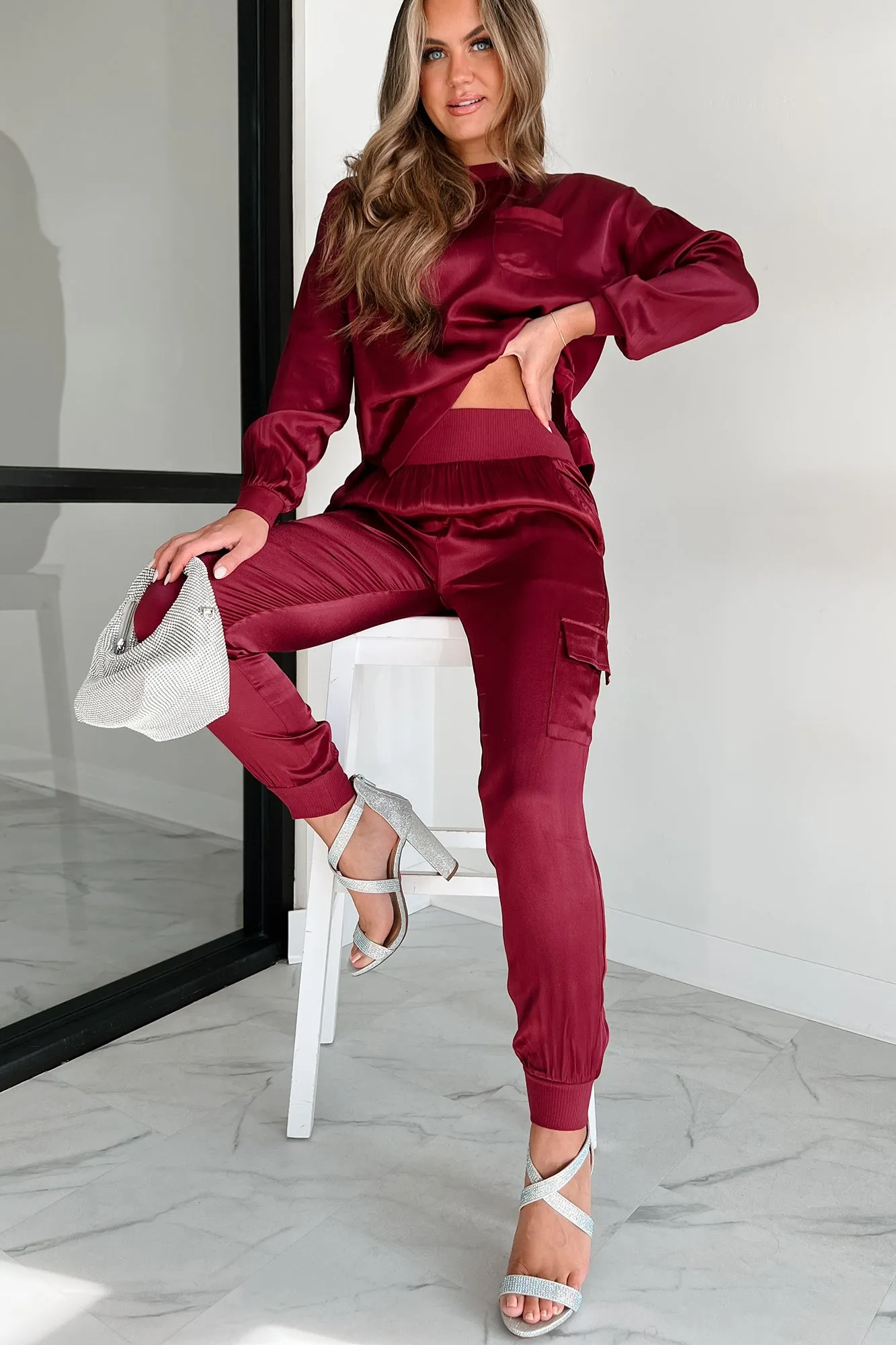 Taking What's Owed Satin Long Sleeve Top (Maroon)
