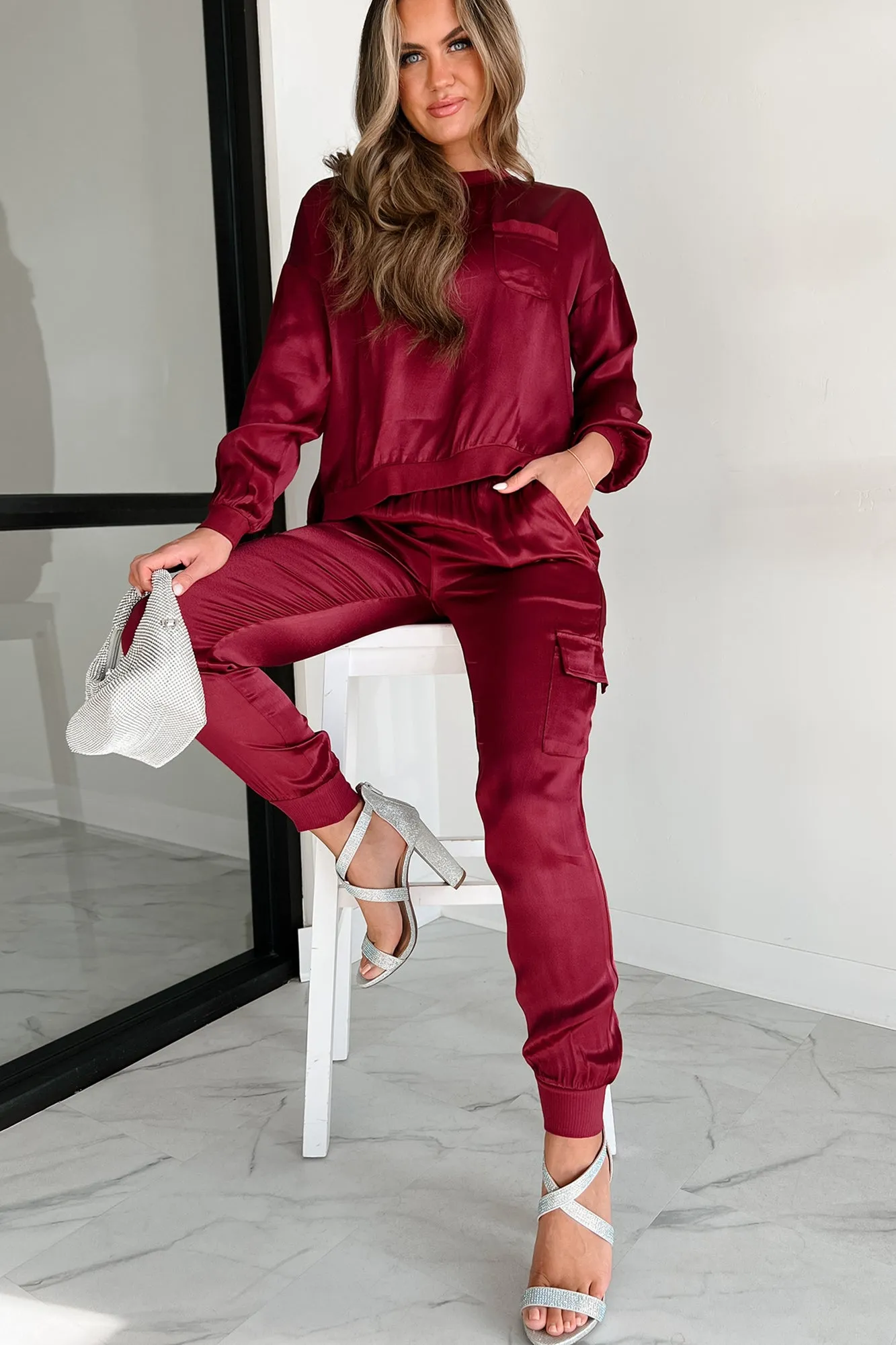 Taking What's Owed Satin Long Sleeve Top (Maroon)