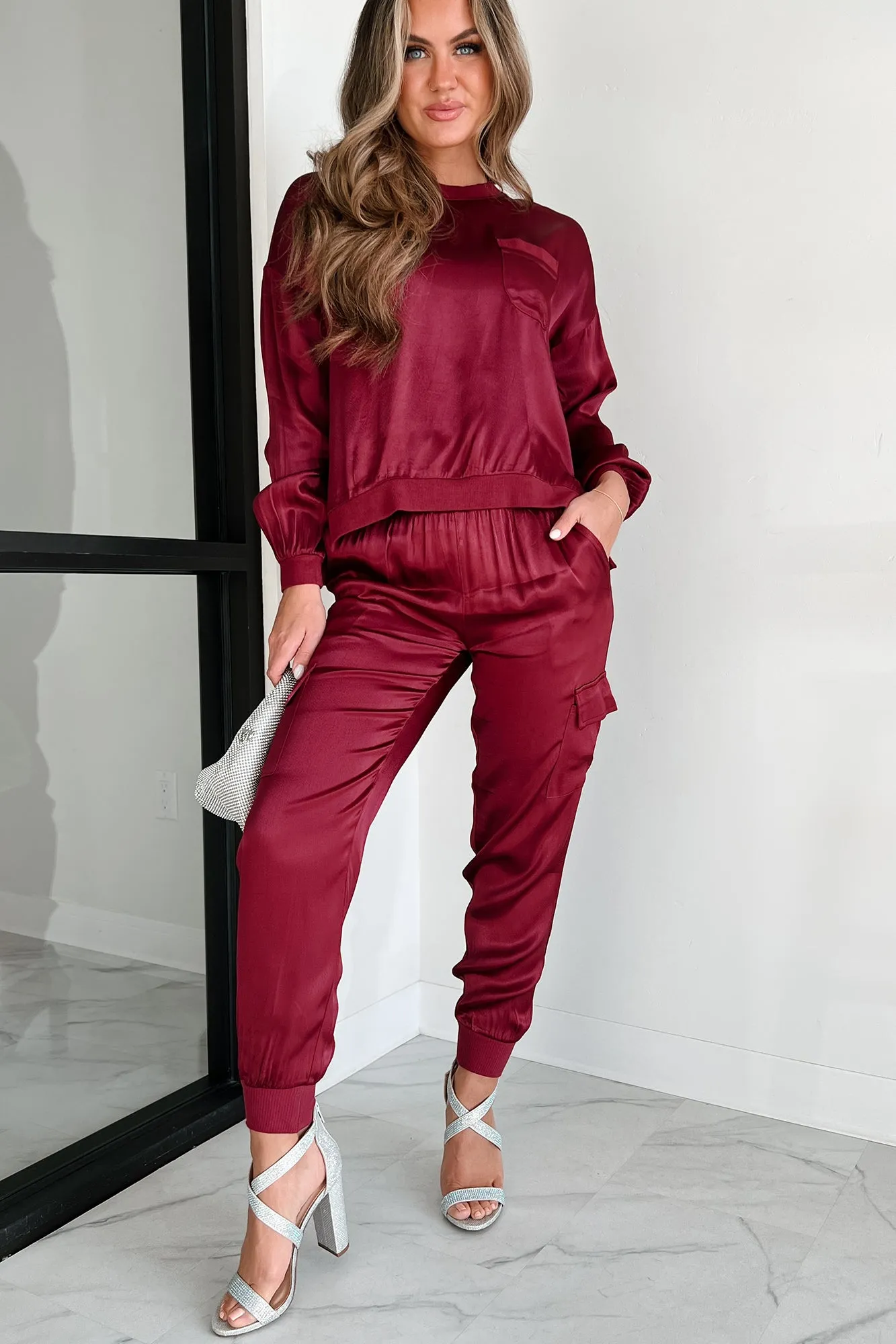 Taking What's Owed Satin Long Sleeve Top (Maroon)