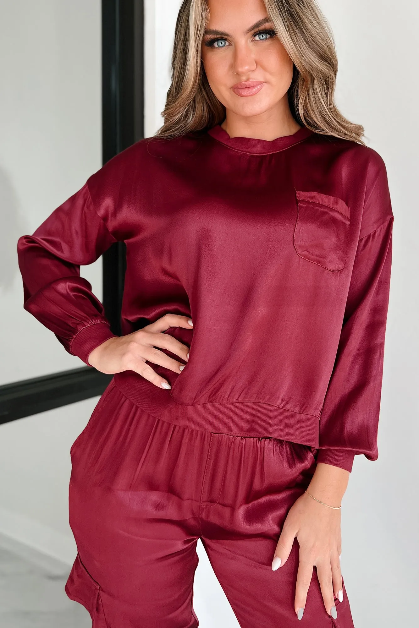 Taking What's Owed Satin Long Sleeve Top (Maroon)
