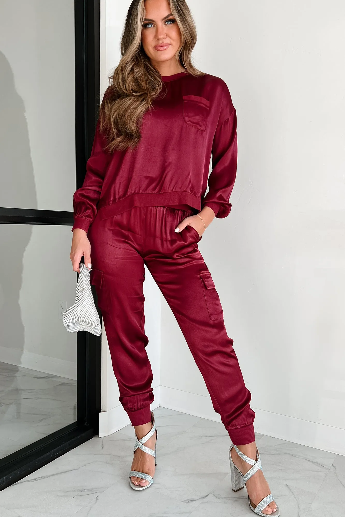 Taking What's Owed Satin Long Sleeve Top (Maroon)