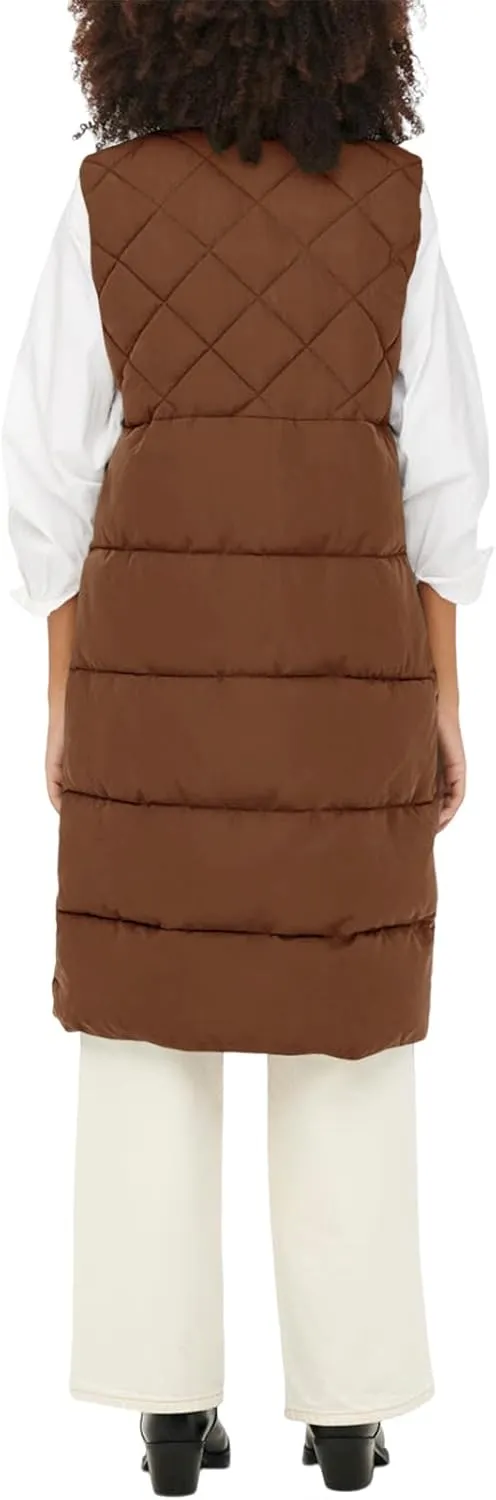 Tankaneo Women's Long Puffer Vest Cotton Stand Collar Button Sleeveless Puffy Jacket Outerwear