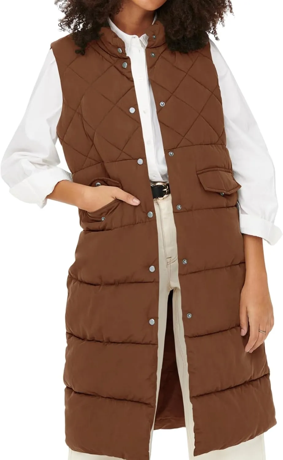 Tankaneo Women's Long Puffer Vest Cotton Stand Collar Button Sleeveless Puffy Jacket Outerwear