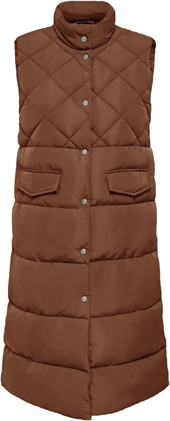 Tankaneo Women's Long Puffer Vest Cotton Stand Collar Button Sleeveless Puffy Jacket Outerwear