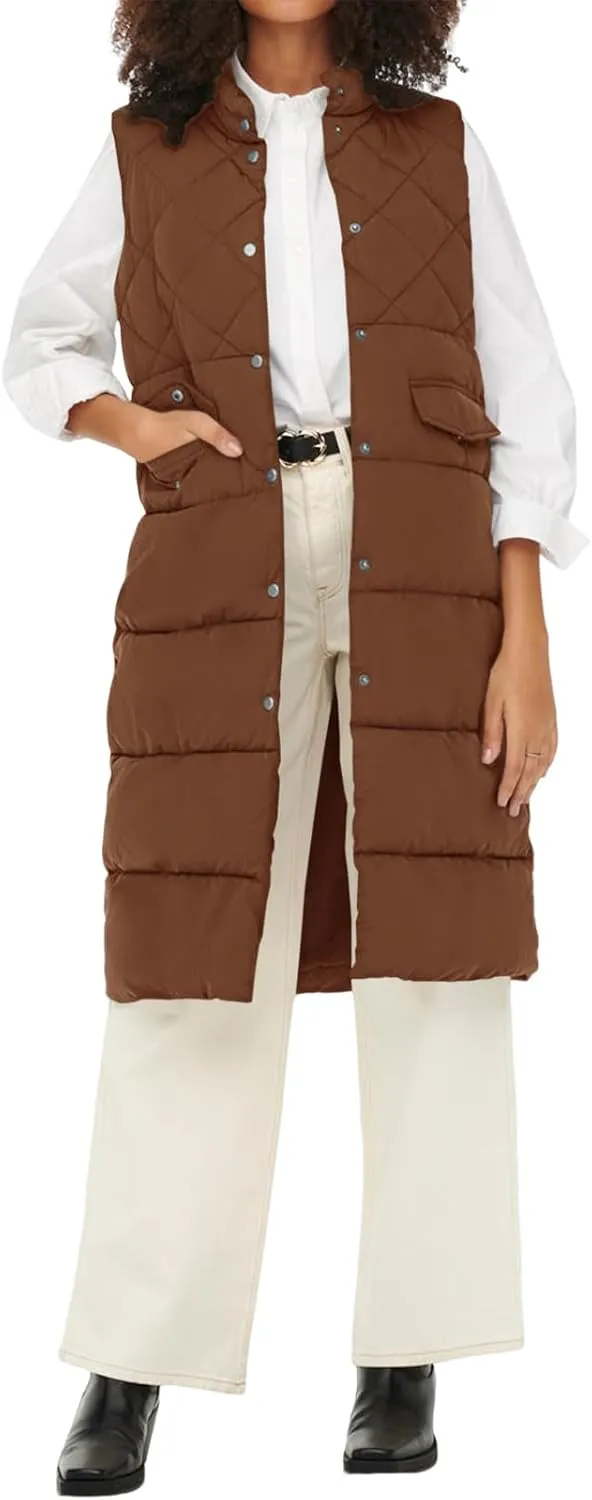 Tankaneo Women's Long Puffer Vest Cotton Stand Collar Button Sleeveless Puffy Jacket Outerwear