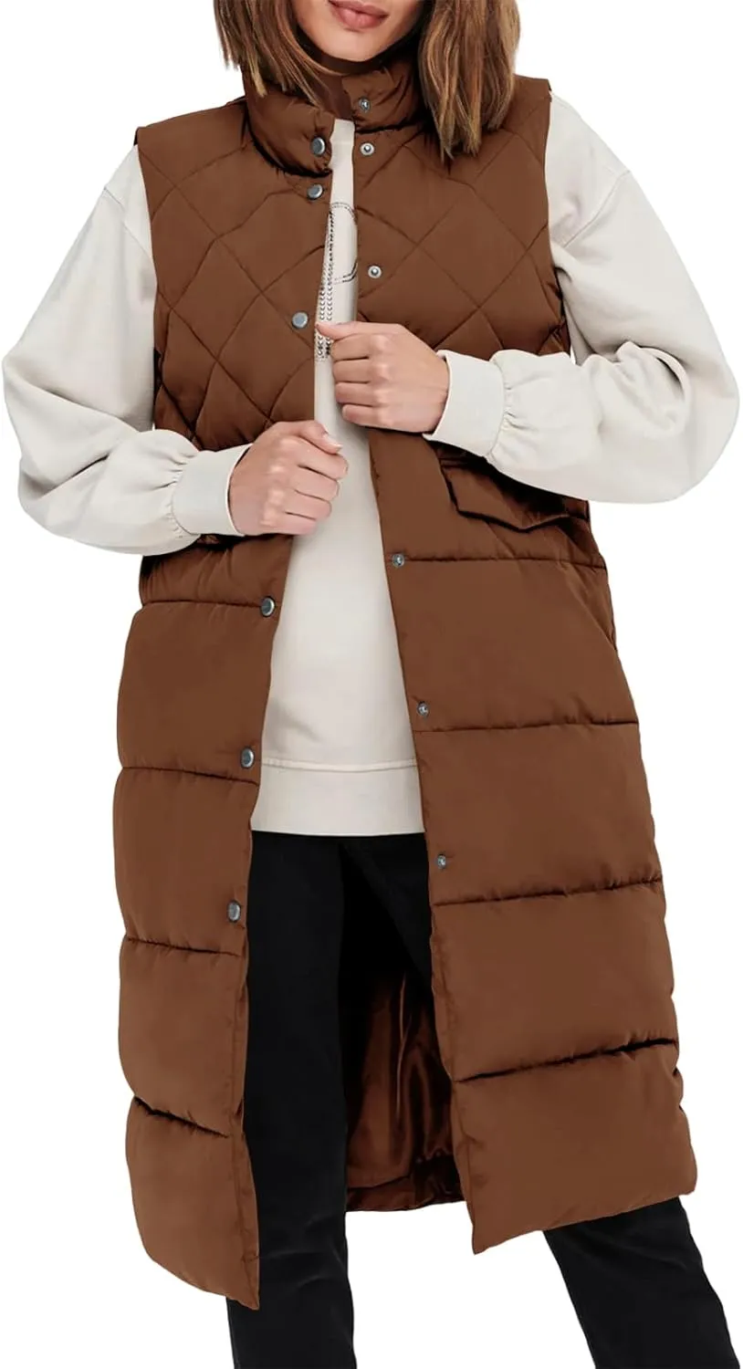 Tankaneo Women's Long Puffer Vest Cotton Stand Collar Button Sleeveless Puffy Jacket Outerwear