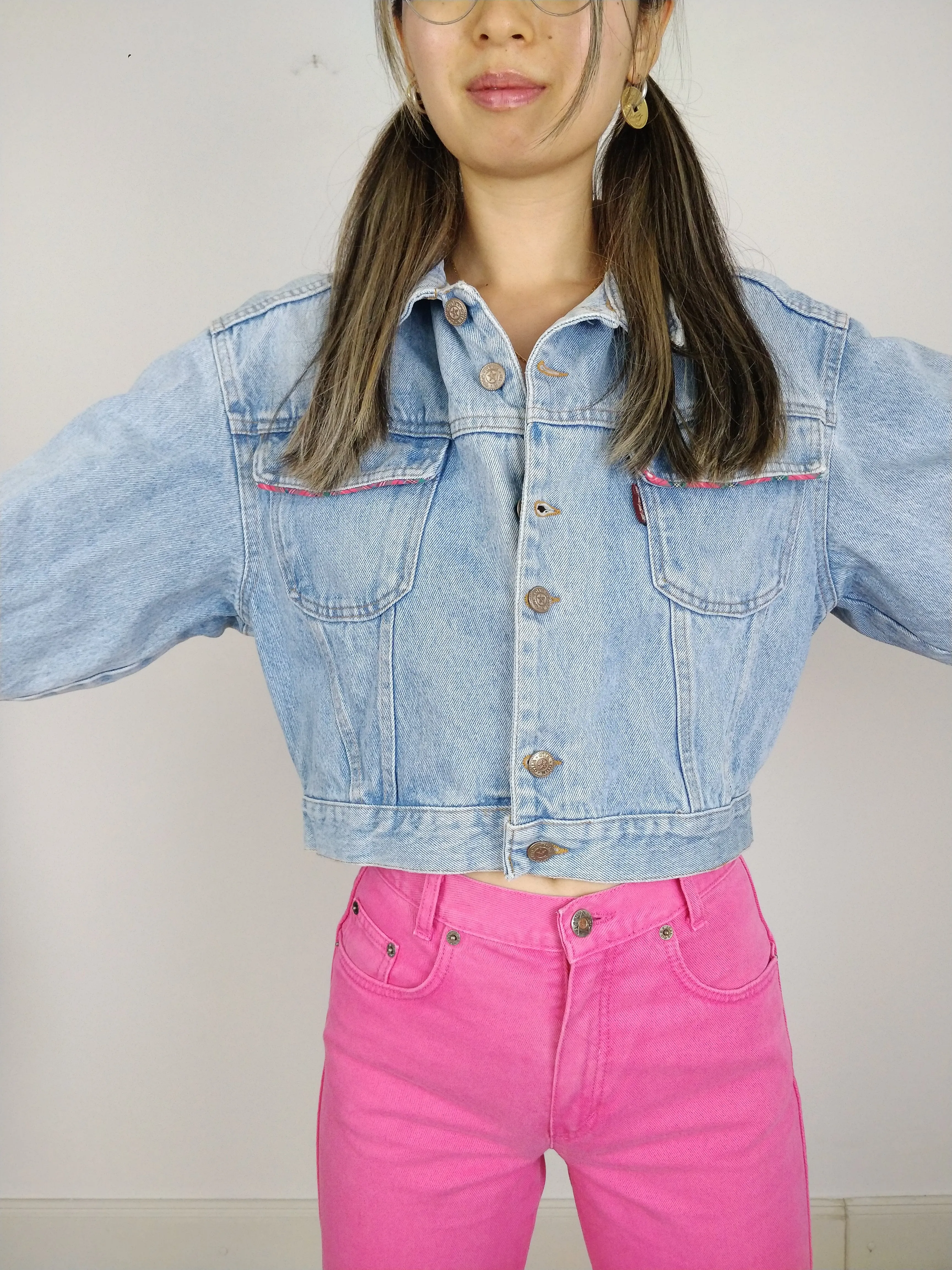 The Wild Denim | Vintage 90s cropped light blue pink embroidery Wild Clothing denim jeans jacket S-M