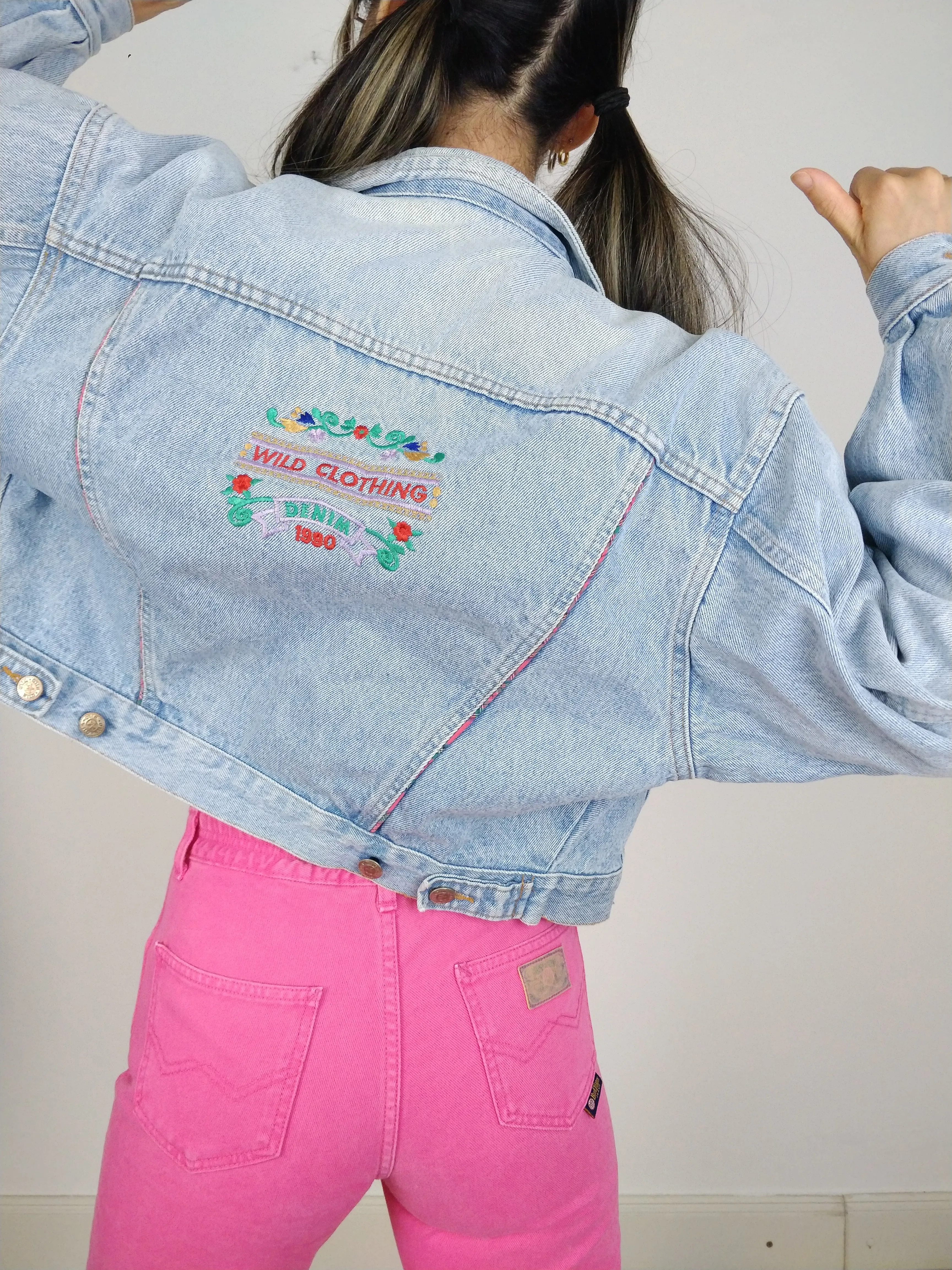 The Wild Denim | Vintage 90s cropped light blue pink embroidery Wild Clothing denim jeans jacket S-M