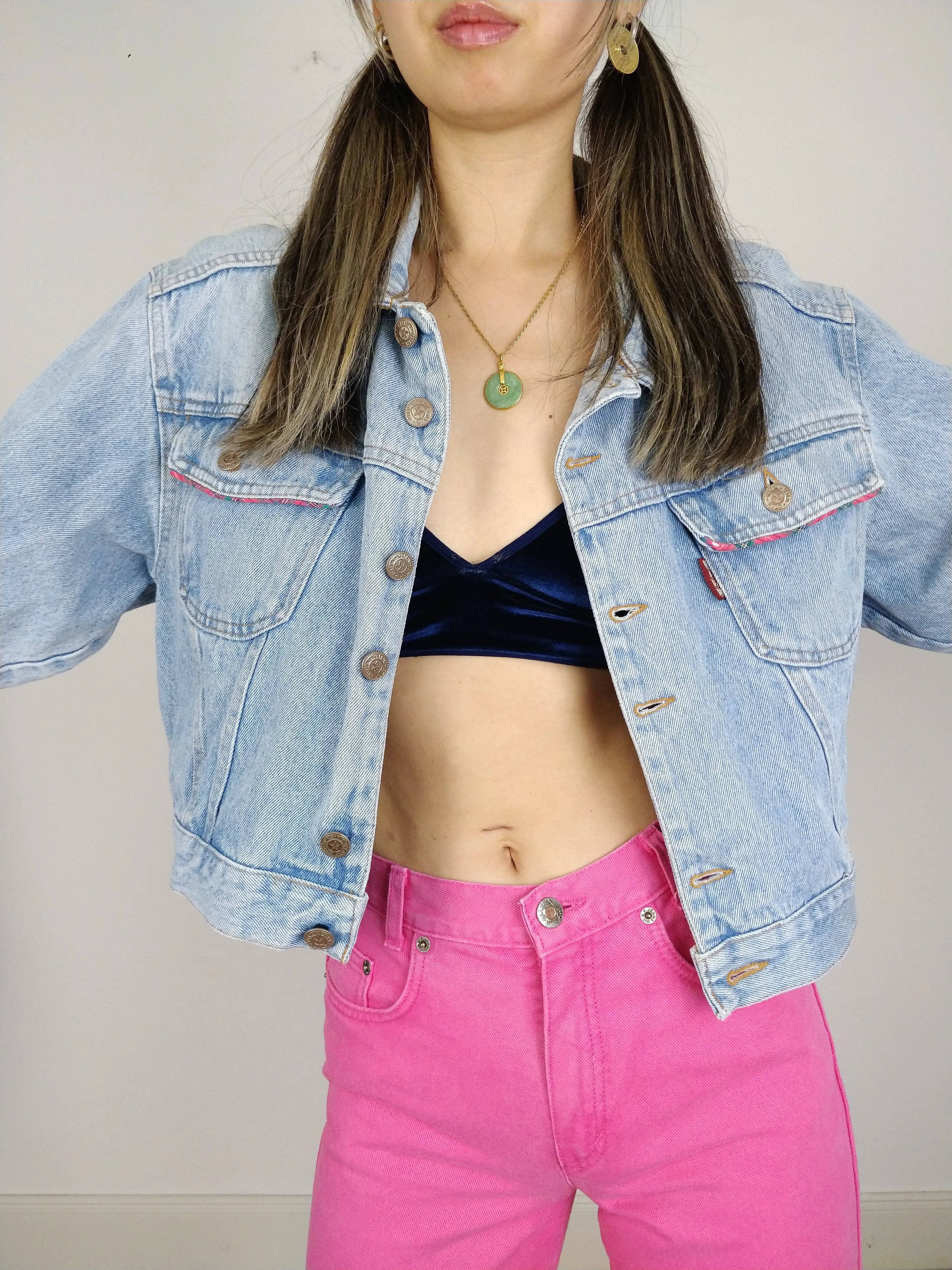 The Wild Denim | Vintage 90s cropped light blue pink embroidery Wild Clothing denim jeans jacket S-M