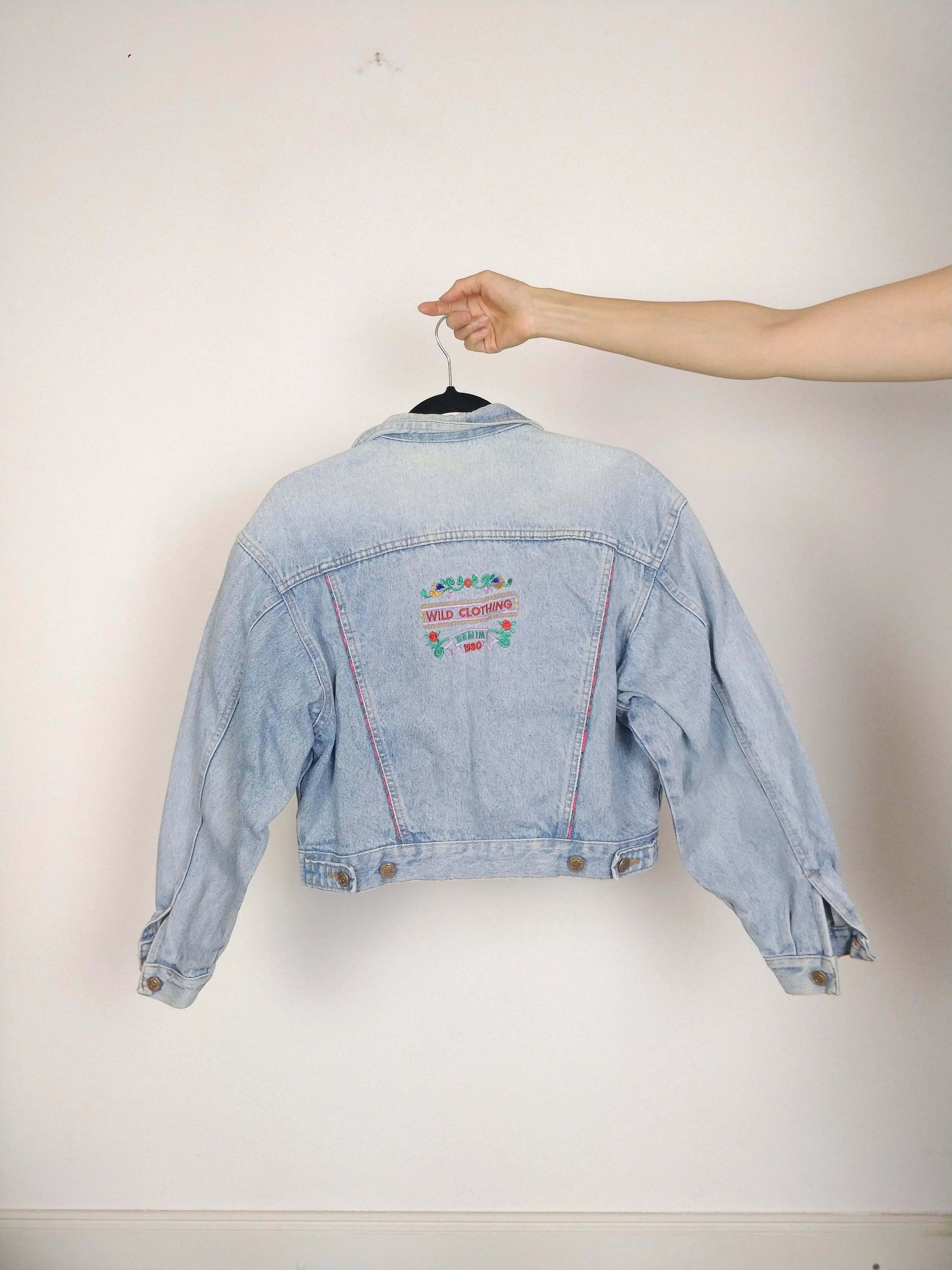 The Wild Denim | Vintage 90s cropped light blue pink embroidery Wild Clothing denim jeans jacket S-M