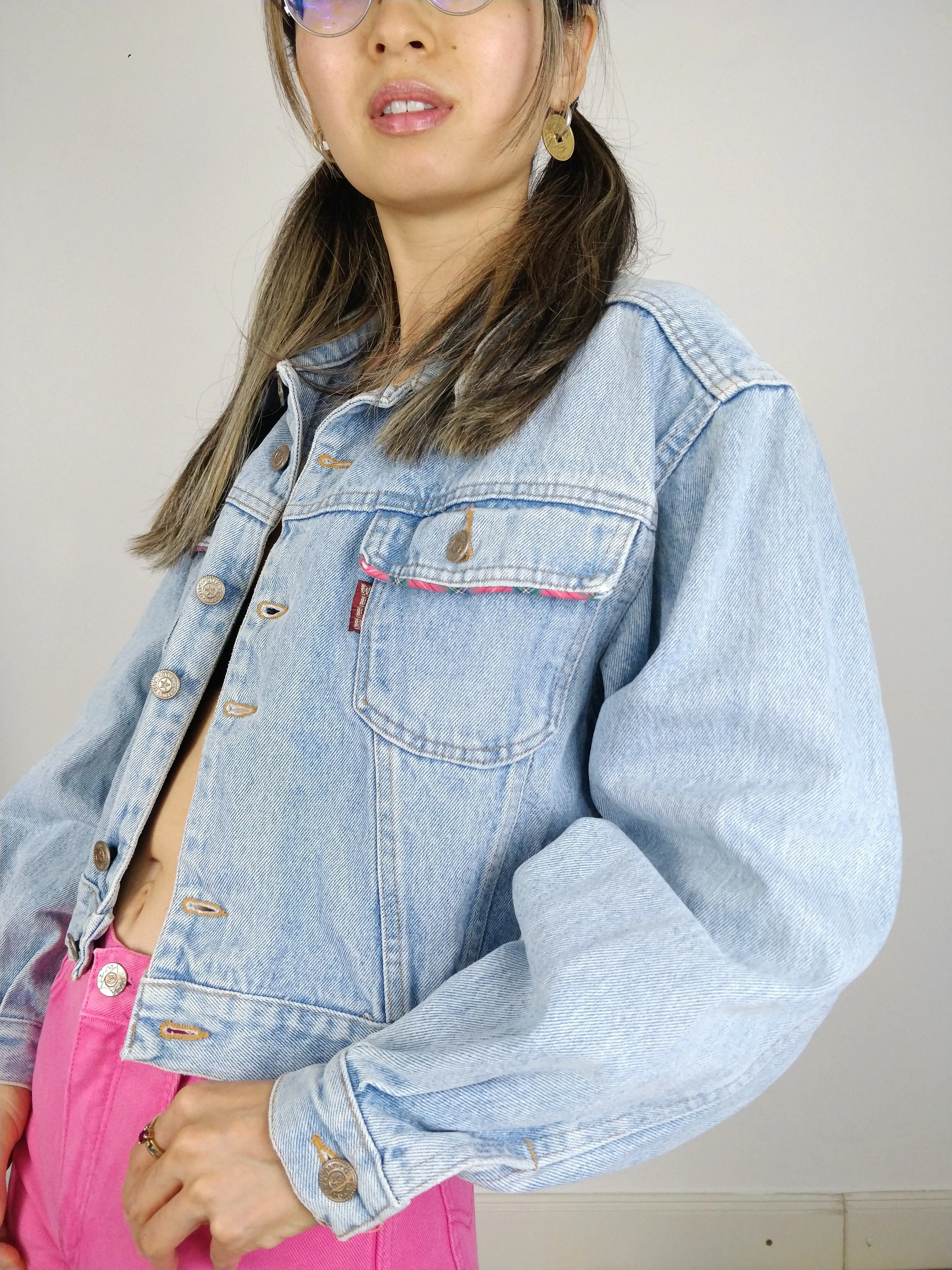 The Wild Denim | Vintage 90s cropped light blue pink embroidery Wild Clothing denim jeans jacket S-M