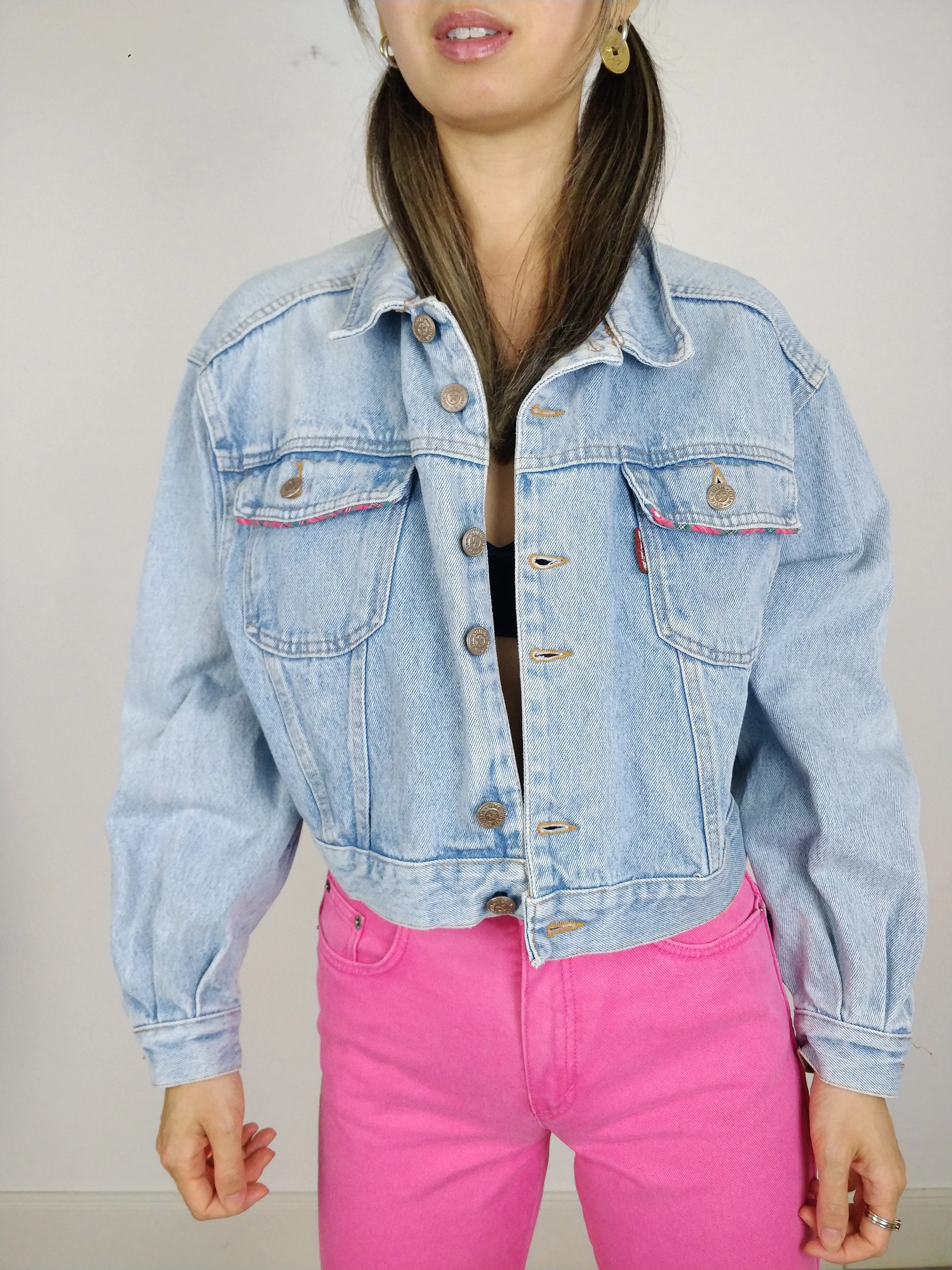 The Wild Denim | Vintage 90s cropped light blue pink embroidery Wild Clothing denim jeans jacket S-M