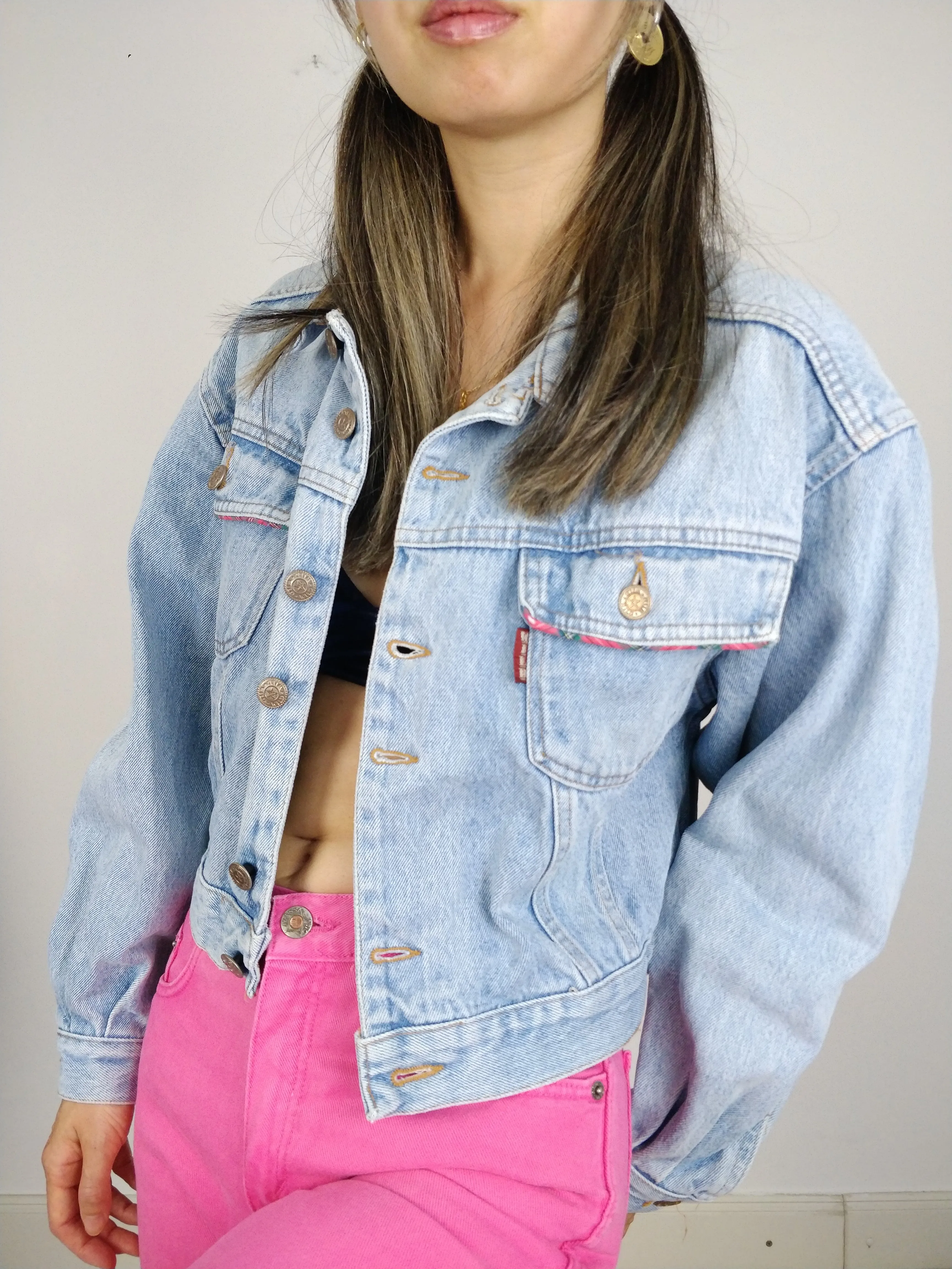 The Wild Denim | Vintage 90s cropped light blue pink embroidery Wild Clothing denim jeans jacket S-M