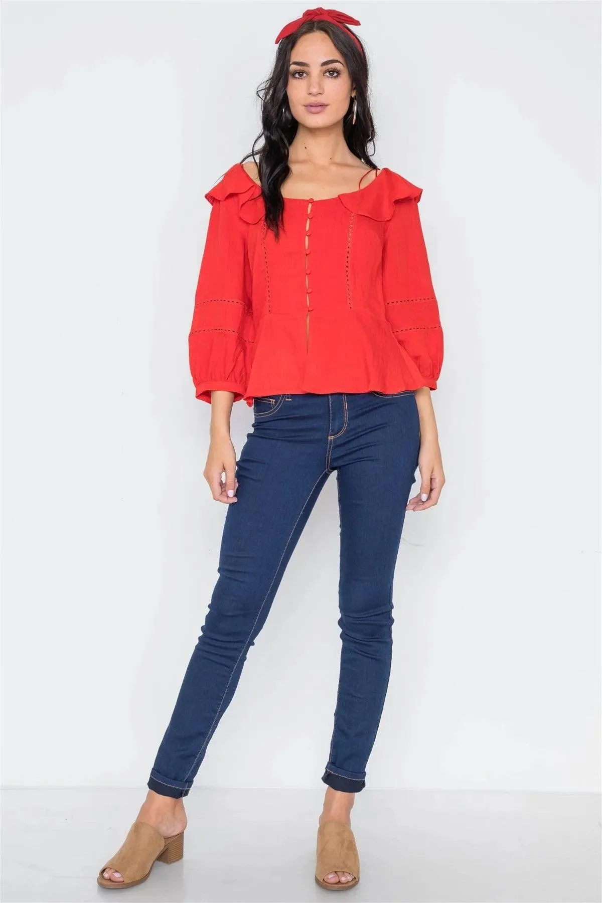 Tomato Red Crochet Trim Button Down Boho Top
