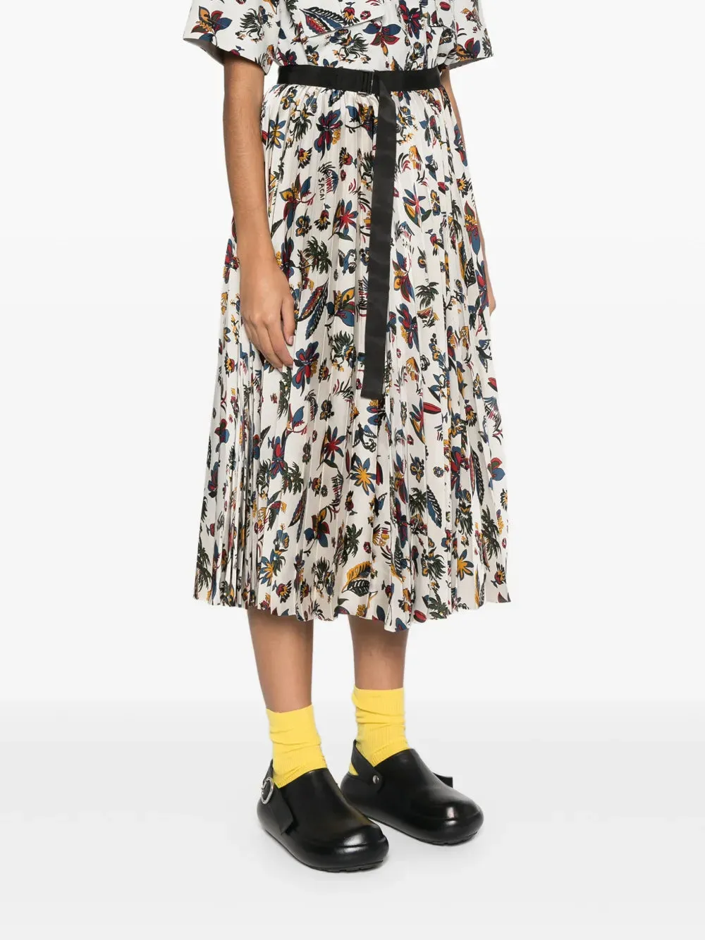Tropical Print Pleated Midi Skirt