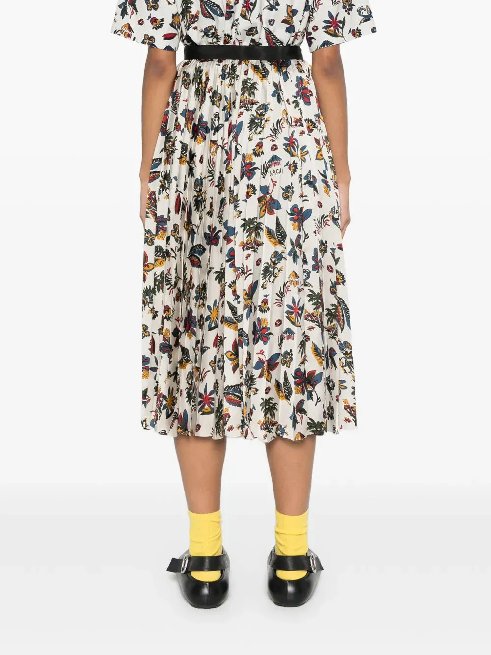 Tropical Print Pleated Midi Skirt