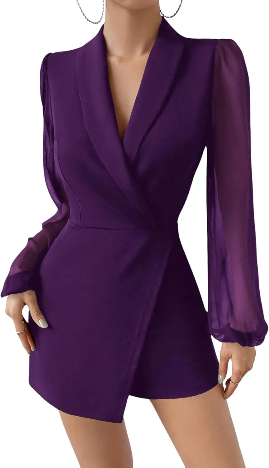 WDIRARA Women's Long Lantern Sleeve Elegant Shawl Collar Blazer Romper Shorts Jumpsuit