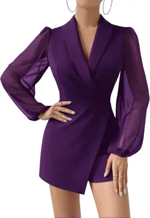 WDIRARA Women's Long Lantern Sleeve Elegant Shawl Collar Blazer Romper Shorts Jumpsuit