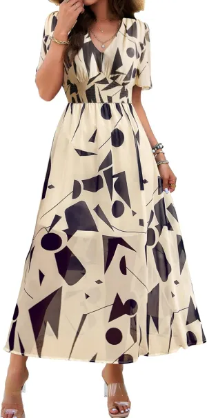 Women Floral Maxi Dress, V-Neck Short Sleeve Empire Waist Summer Boho Flowy Smocked Long Dress