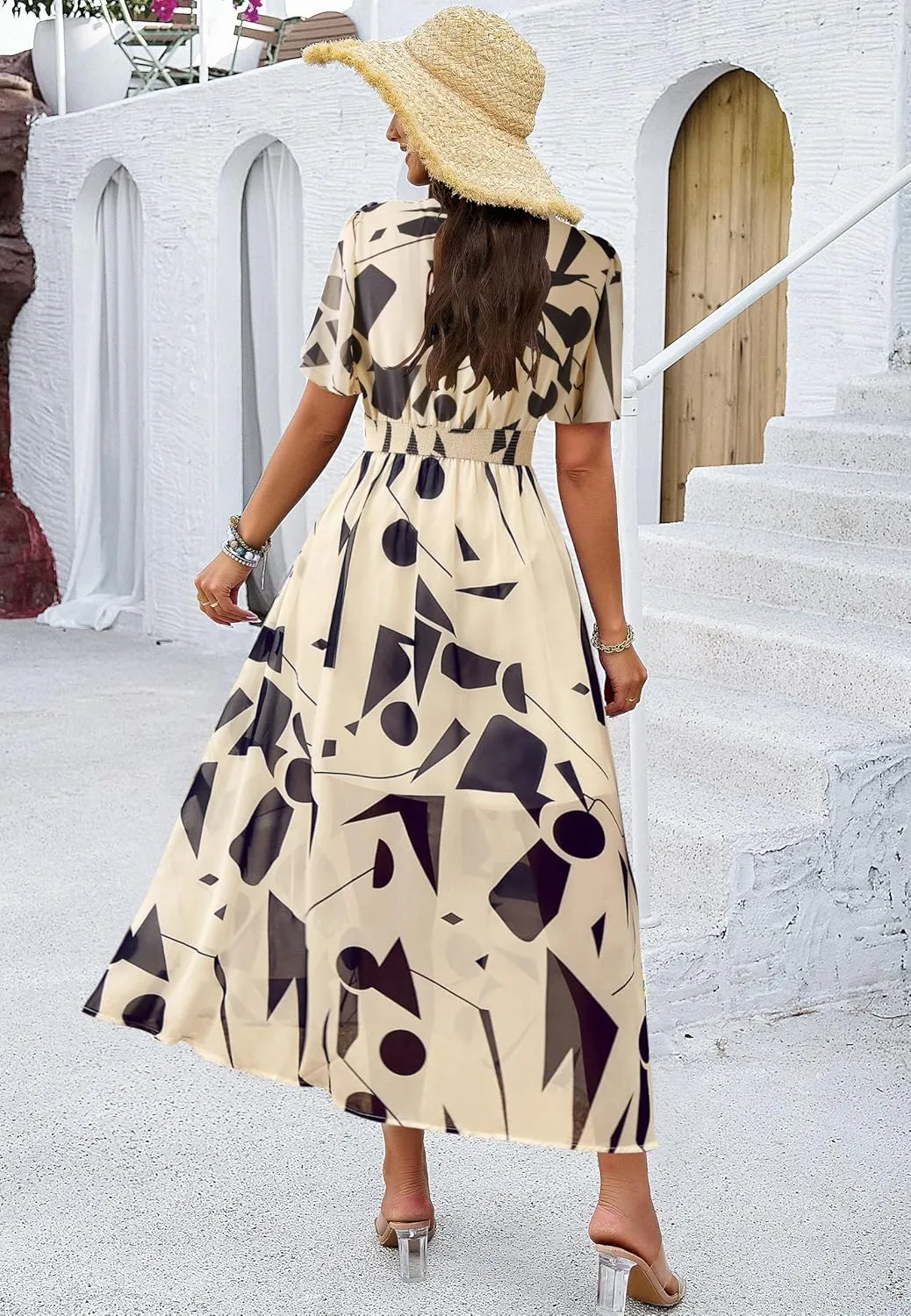 Women Floral Maxi Dress, V-Neck Short Sleeve Empire Waist Summer Boho Flowy Smocked Long Dress